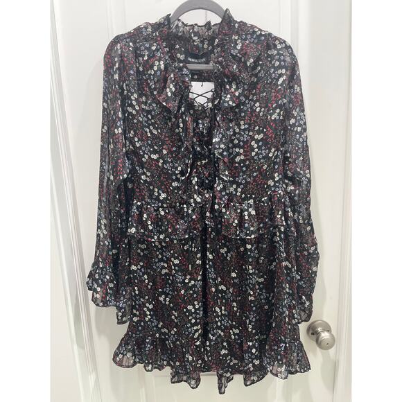 NWT Revolve Sabina Musayev Black Floral Pattern Ruffle Tie Jasmine Dress Sz XS - Picture 2 of 8